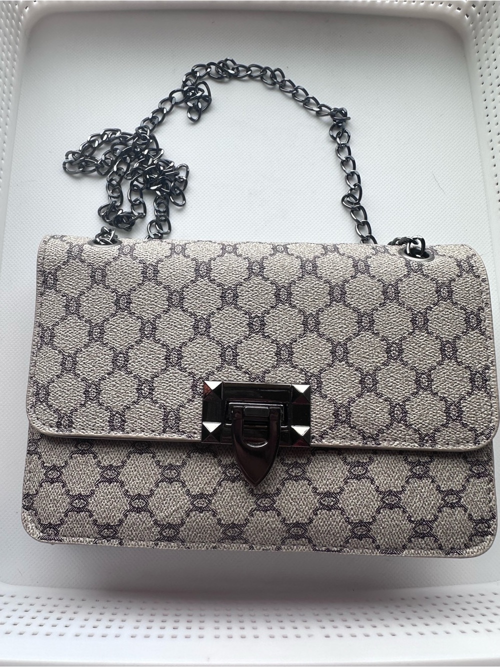 Designer-Style Beige Patterned Crossbody Bag with Gunmetal Chain